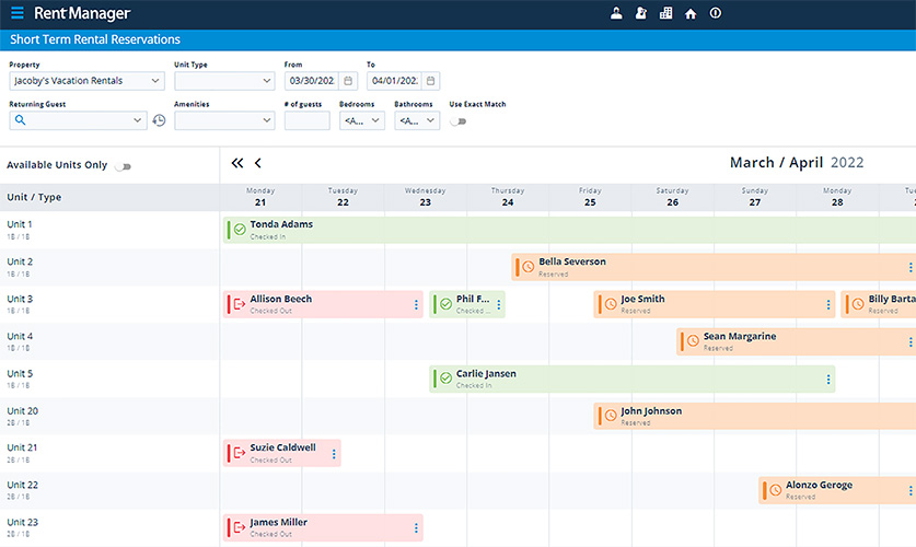 Short Term rental reservations screen