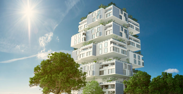 A futuristic looking multifamily apartment building