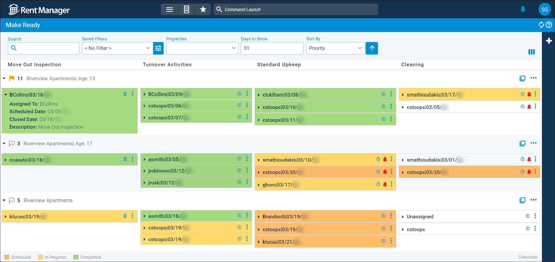 MakeReady board screenshot from Rent Manager Express
