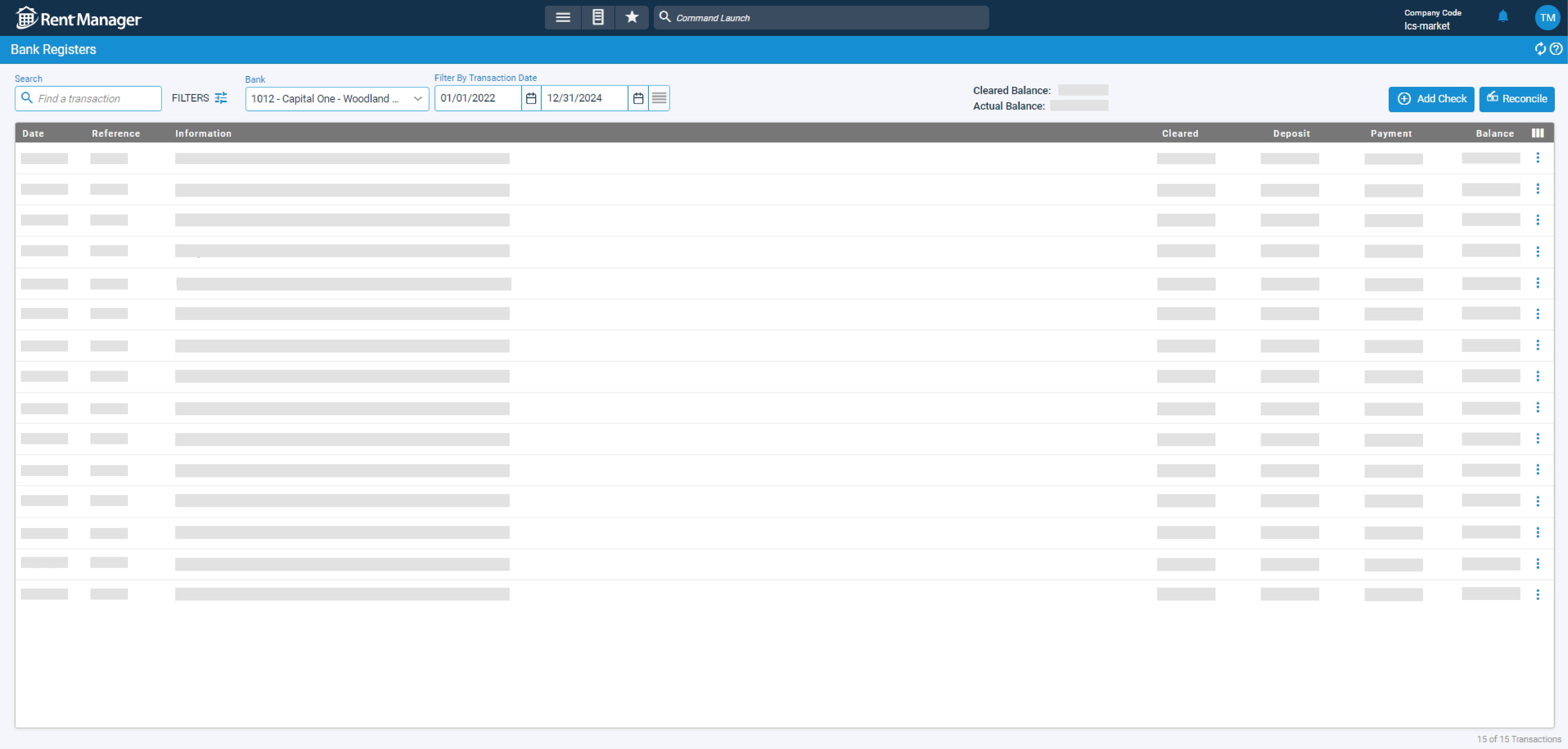 Bank Registers screen