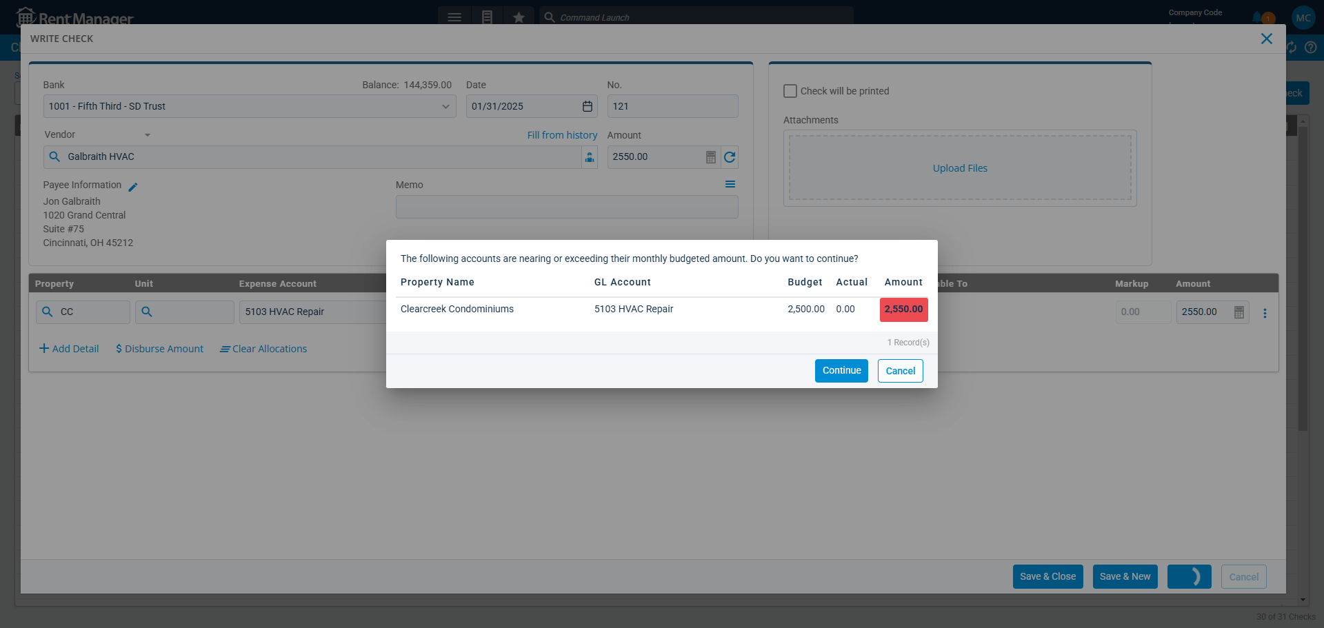Example of overdrawn budget notification