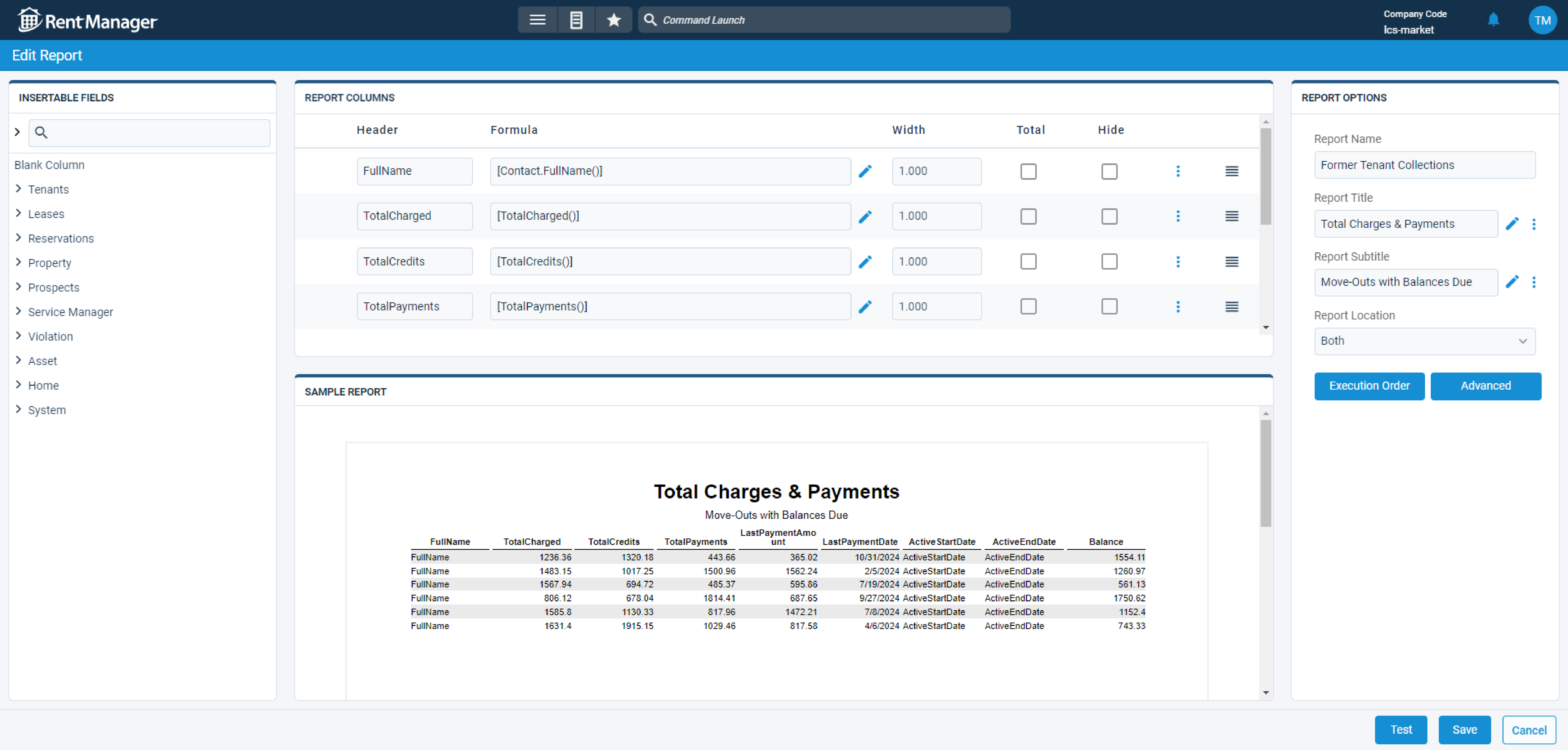 Screenshot showing financial report editing options in Rent Manager