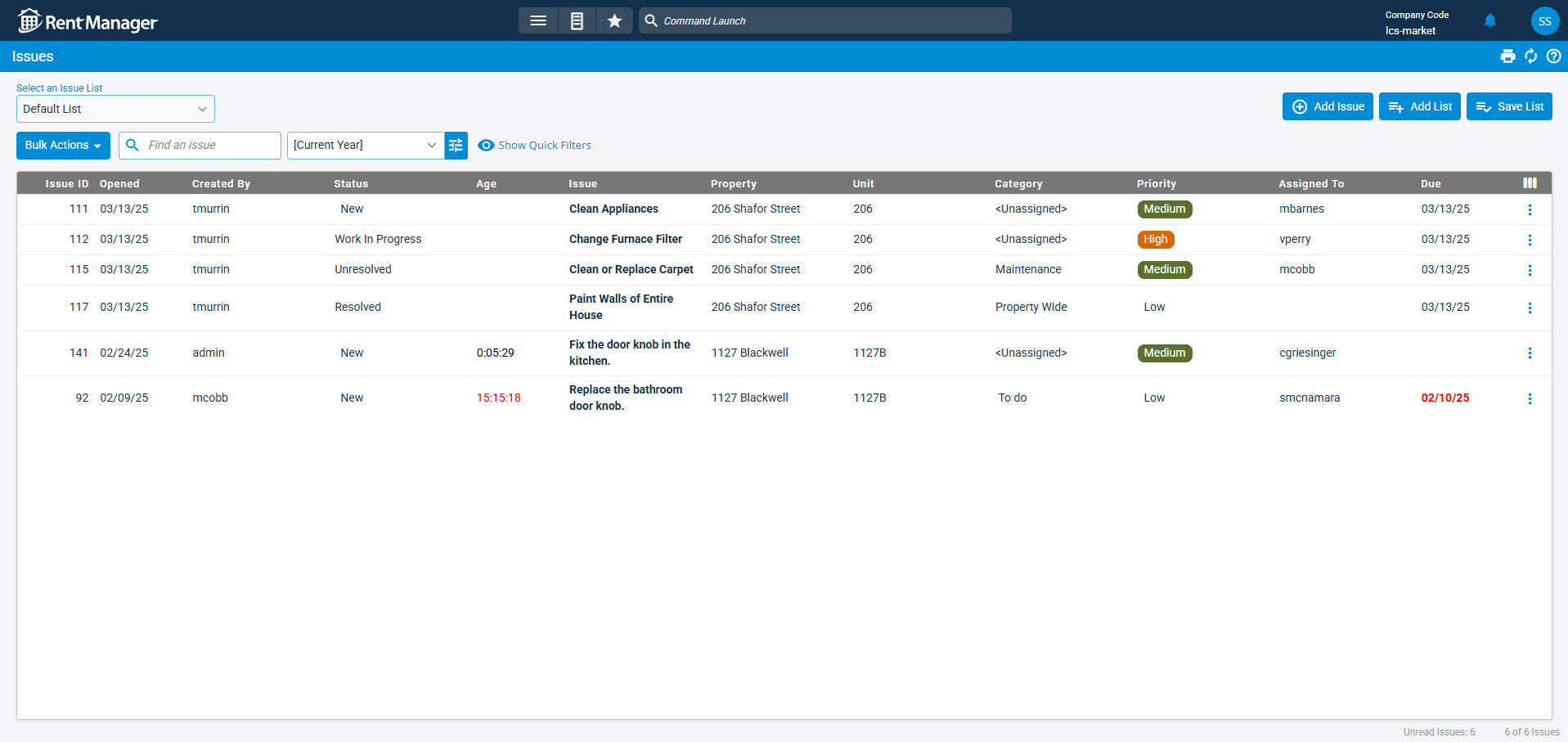 Issues tab within Maintenance tab in Rent Manager