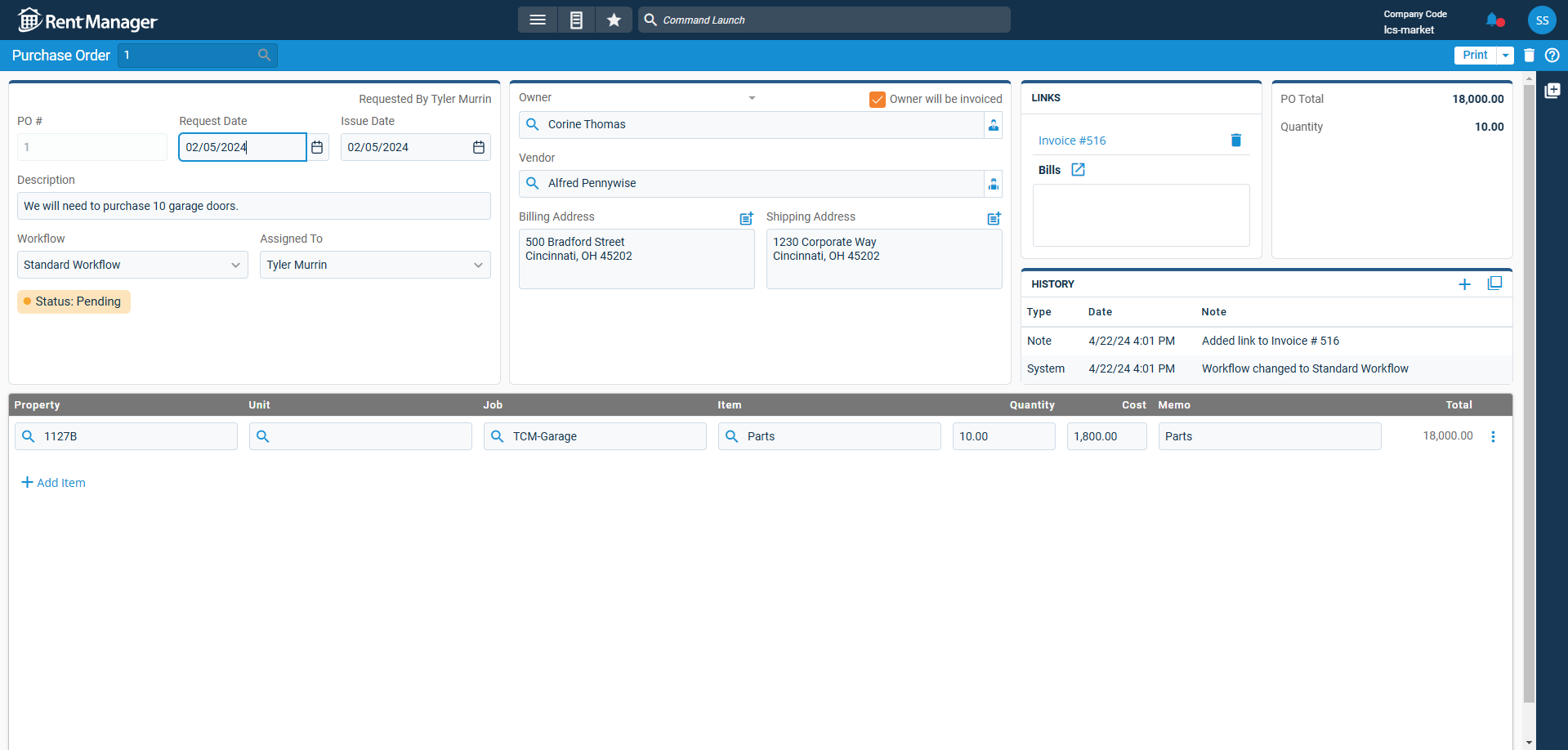 Rent Manager Purchase Order menu