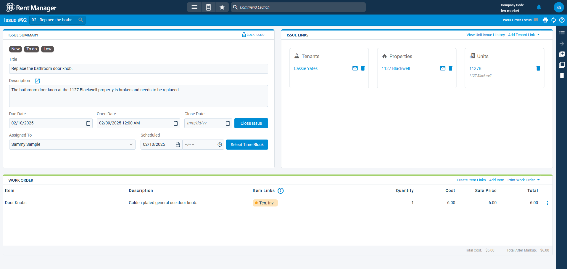 Work Order screen in Rent Manager showing billing issues example