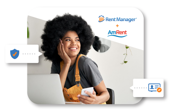 Rent Manager + AmRent logo graphic showing woman at computer