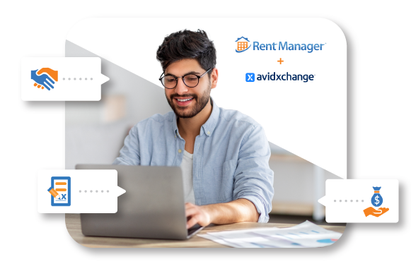 Rent Manager + AvidXchange graphic showing man at computer