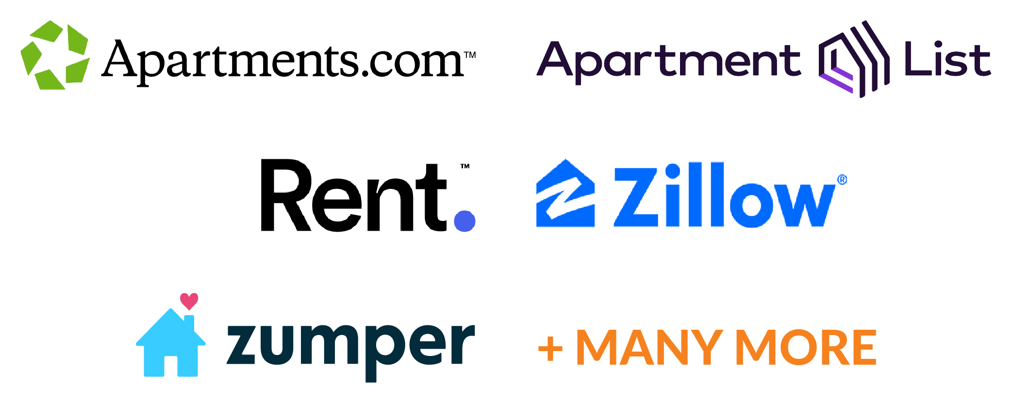 Logo spray showing apartments.com apartmentlist rent. zillow zumper and "many more"