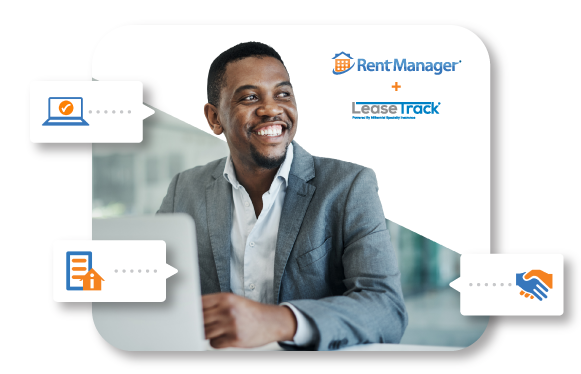 Rent Manager + LeaseTrack graphic showing man smiling at computer