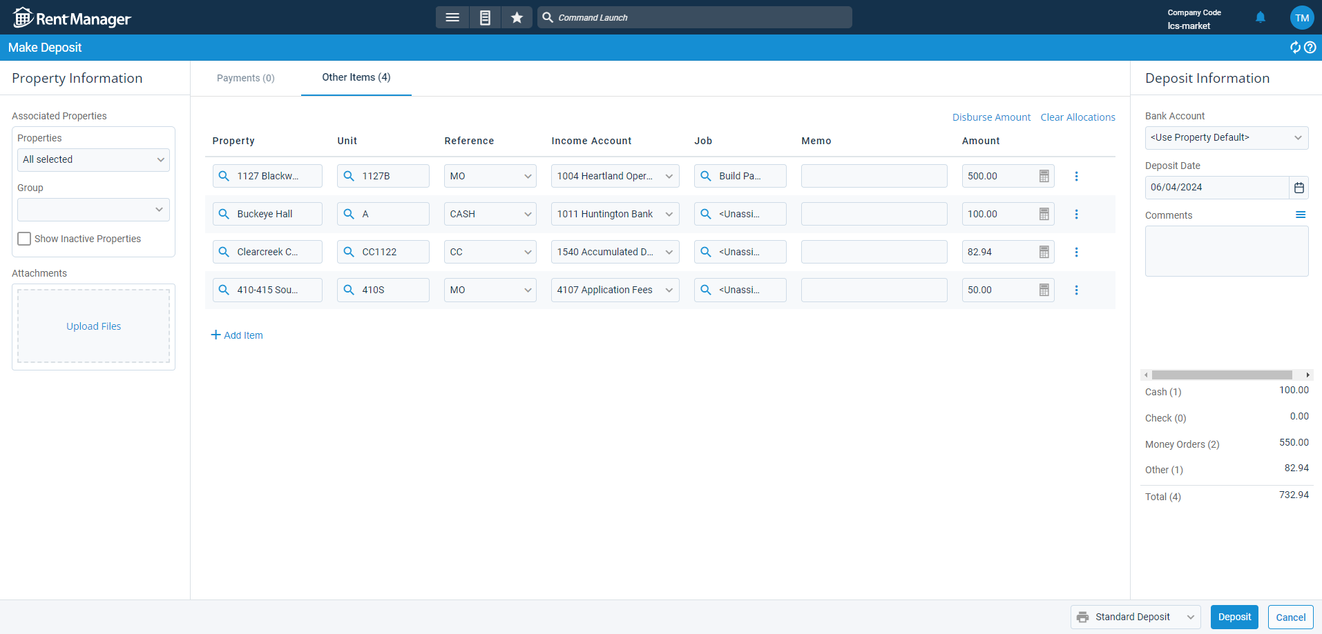 make deposit rent manager screen