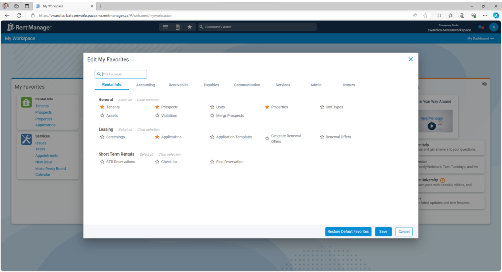 my workspace screen with "edit my favorites" pop-up
