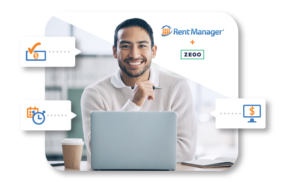 Rent Manager + Zego graphic showing man at computer